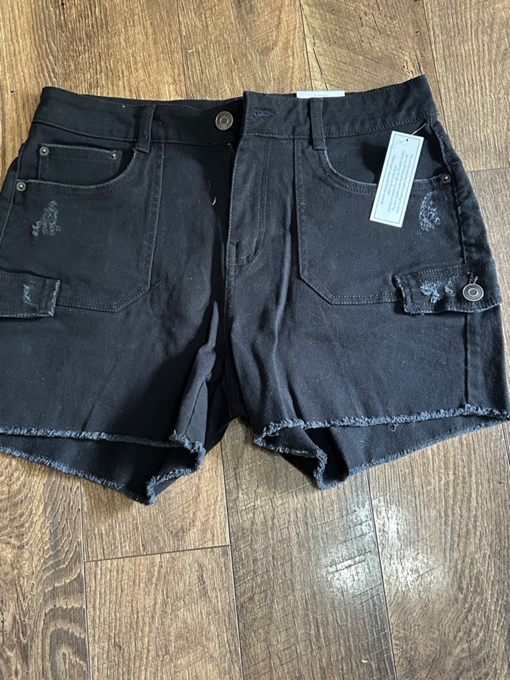 New Women's Black Frayed Hem Utility Shorts